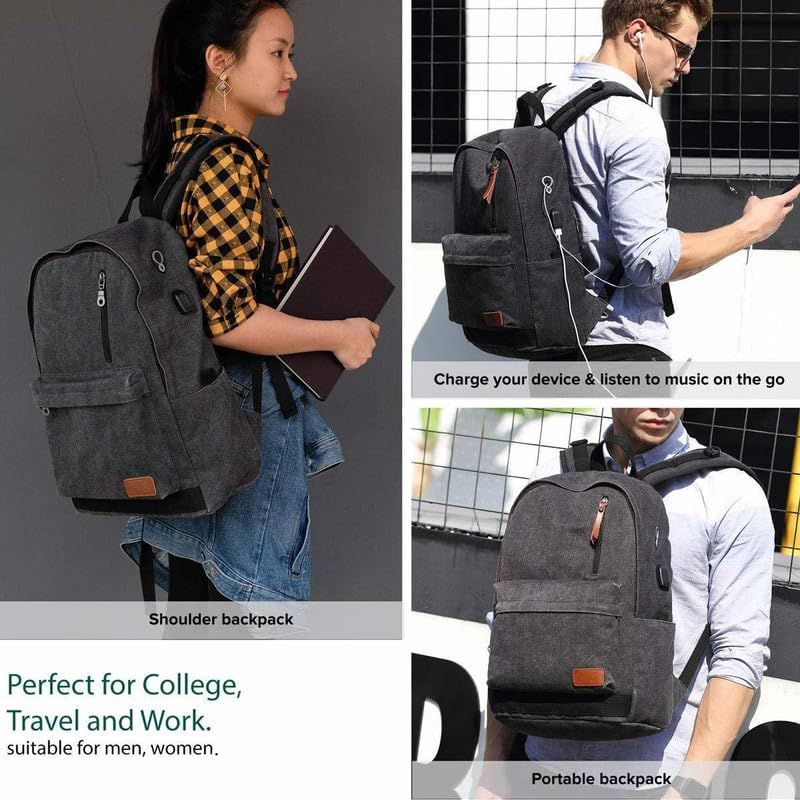 UNIWALK Canvas Laptop Backpack, Waterproof Vintage Backpack With USB Black