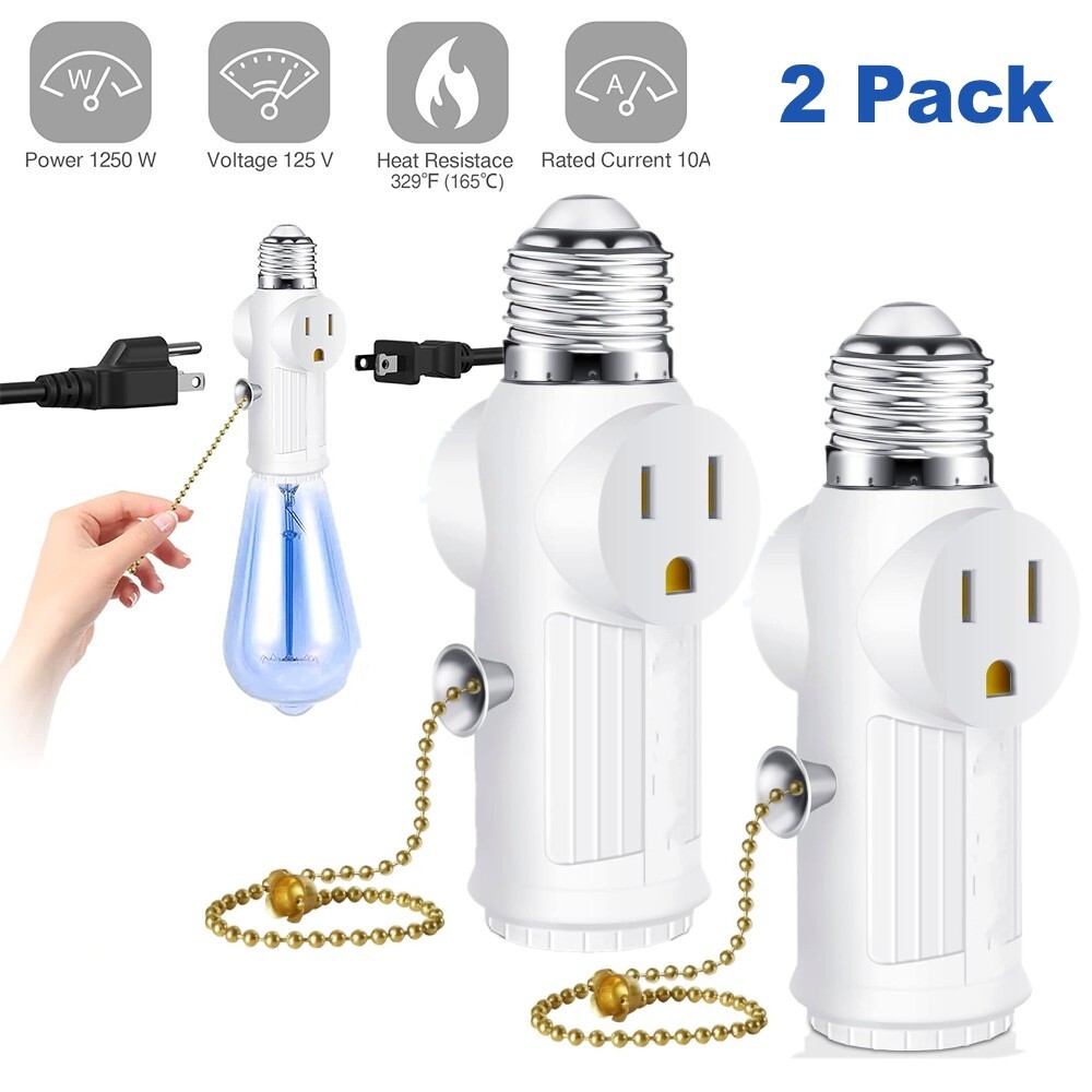 2 Pack E26 Light Bulb Socket Adapter With 2 AC Outlet Plug And Pull Chain Switch