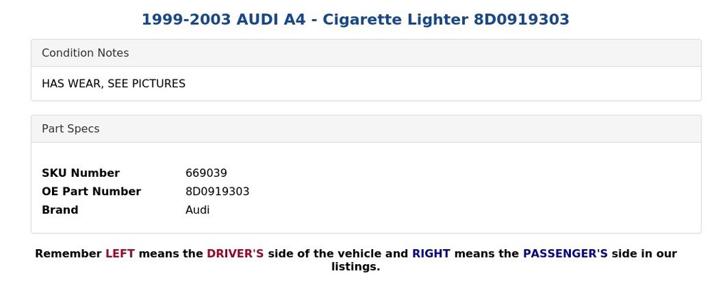 1999-2003 AUDI A4 - Cigarette Lighter 8D0919303