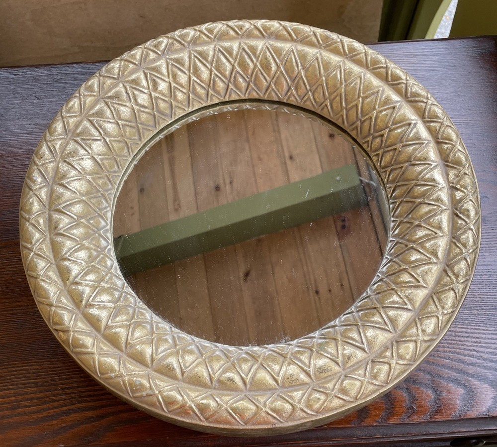 Medium 14.5” Circle Mirror Heavy Goldtone Painted Frame