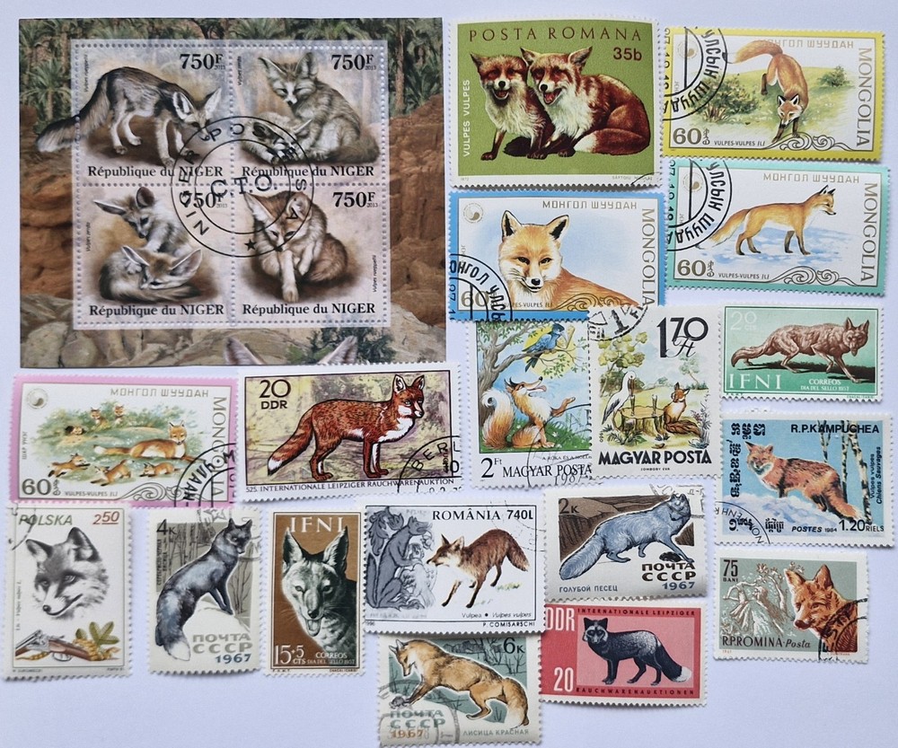 Foxes on Stamps Collection - 20 Different