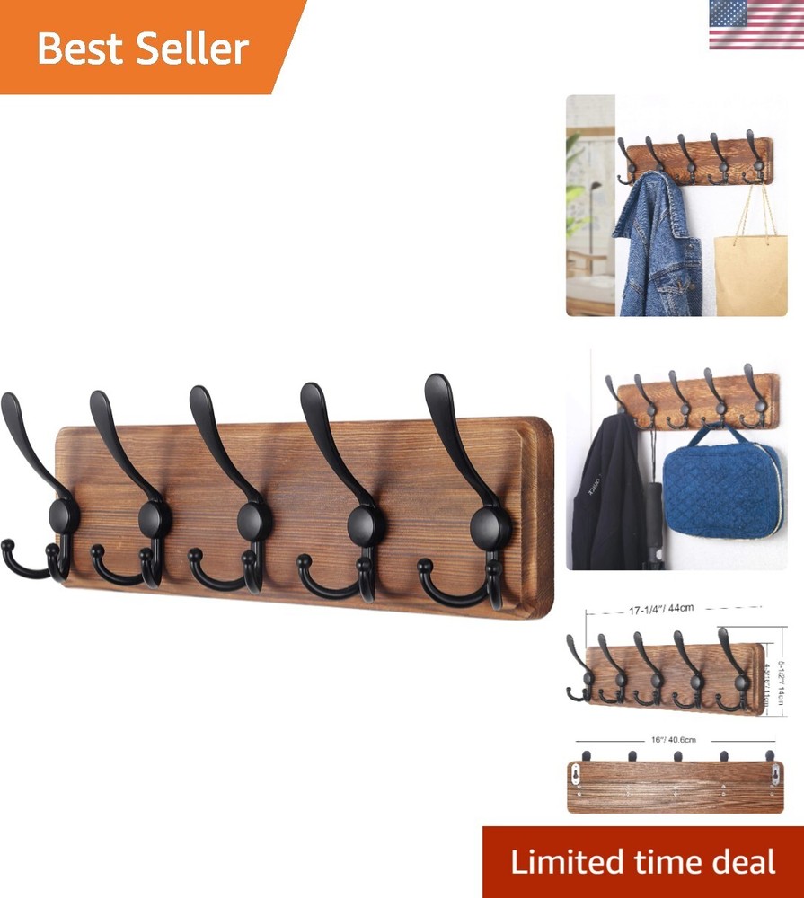 Rustic Wall Mounted Coat Rack - 5 Heavy Duty Hooks for Elegant Storage