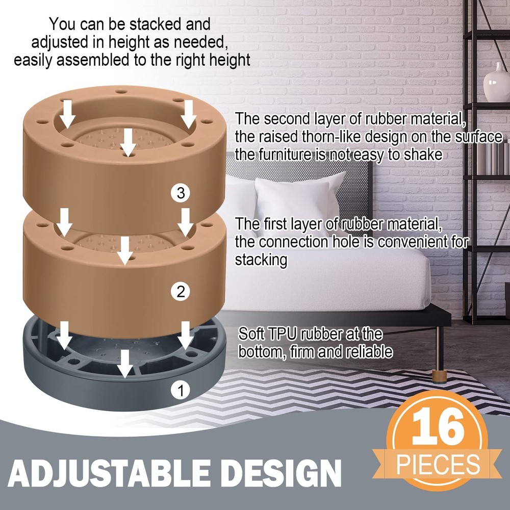 16 PCS Brown Adjustable Bed Risers, Stackable Lifts, 0.5 1 1.4 2.4 5.3