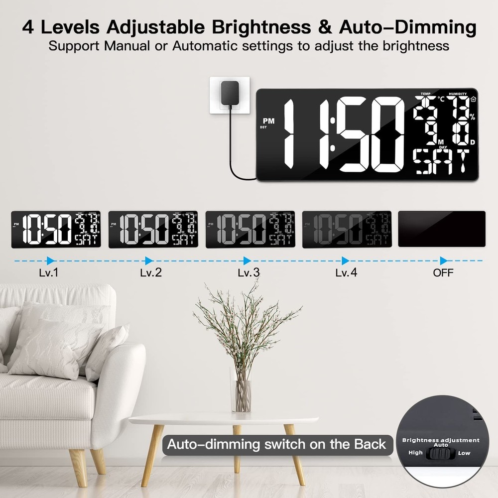 18 Inch Oversized Digital Wall Clock with Remote Control, Auto-Dimming, Tempe...