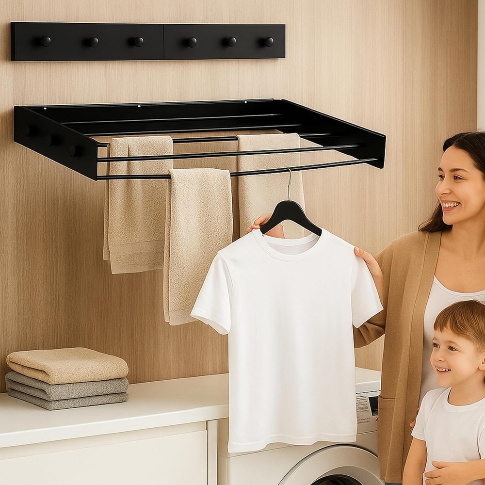 31.5" Wall Mounted Drying Racks for Laundry Retractable Clothes Rack - black