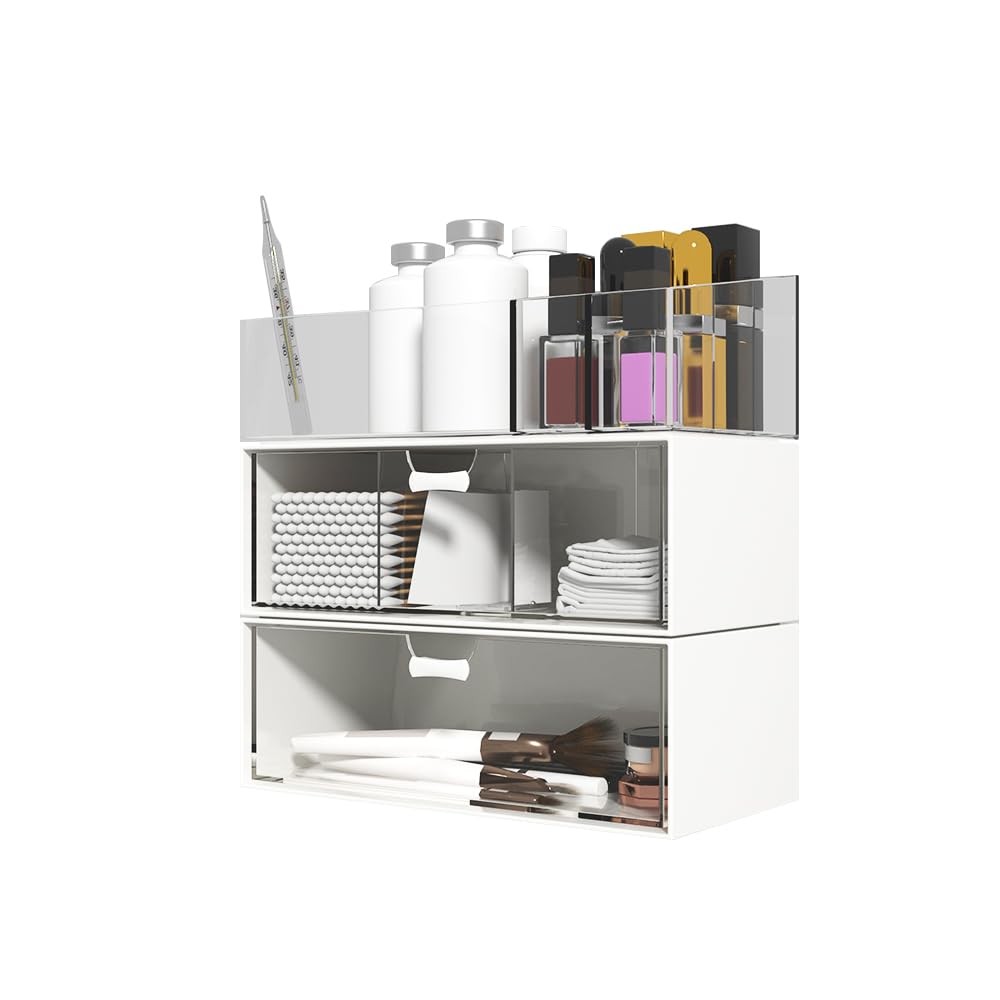 3 Pack Medicine Cabinet Organizer, Plastic Stackable Storage with 2 Drawers, ...
