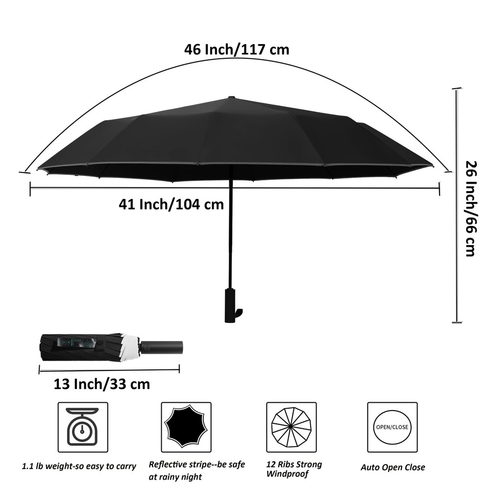 BAODINI Windproof Compact Rain 46 Inch Arc Canopy, Medium Size, Deep Black