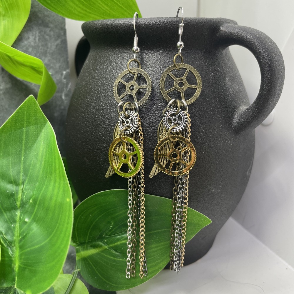 4.5” Silver-tone Steampunk Boho Drop Dangle Earring Set New Free Ship C142