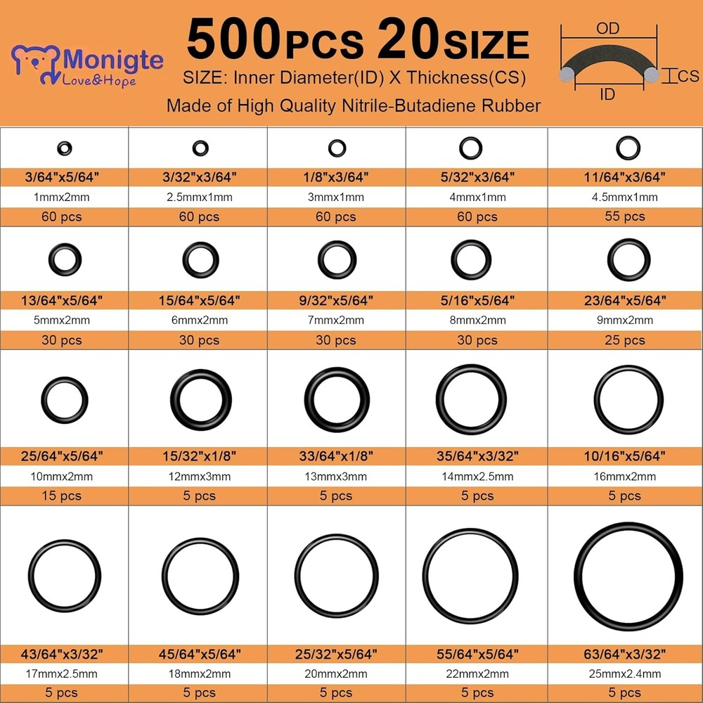 500 Pcs 20 Sizes O Ring Kit,Rubber O-Ring Assortment Kit, Rubber Black