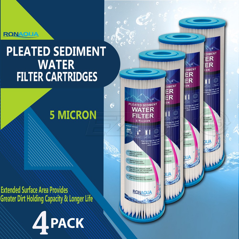 Pleated Sediment Water Filters 4 Washable 5 Micron Cartridges 9.87"x 2.5
