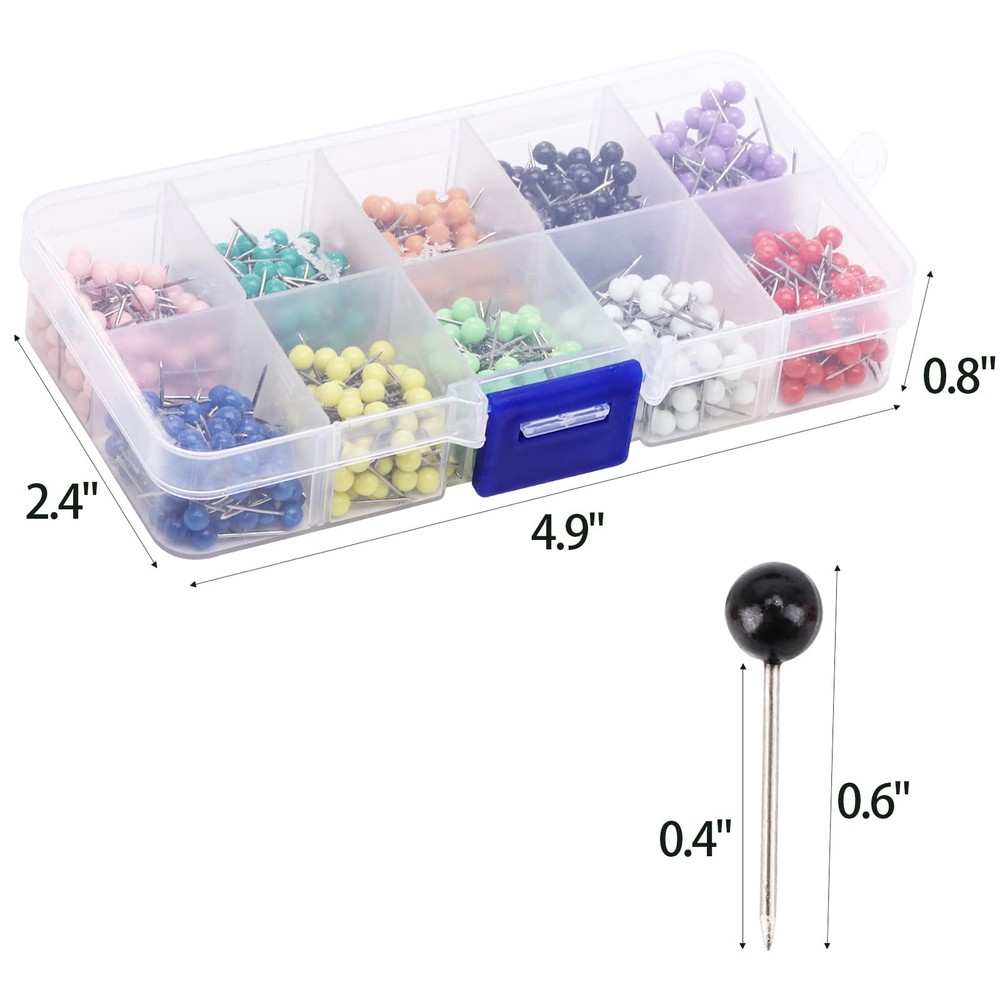 Push Pins Map Tacks 1000-Pack Assorted Color Round Head 800-map