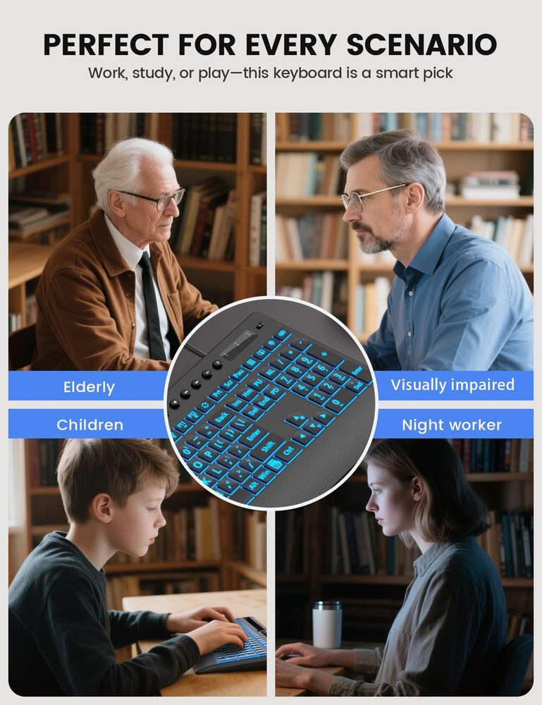 SABLUTE Large Print Backlit Keyboard, USB Wired Computer Keyboard with Black