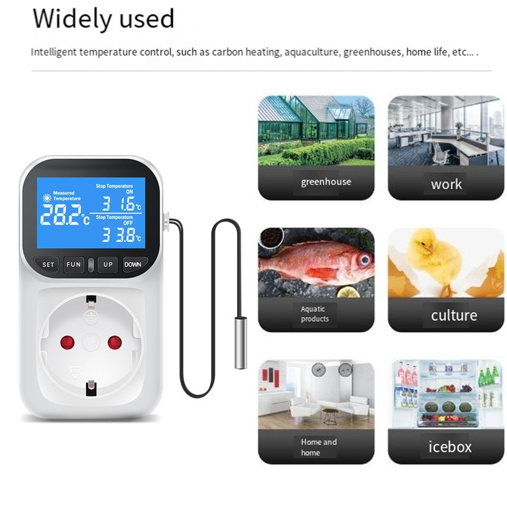 Digital Temperature Controller Socket Thermostat with Sensor Probe Heating Cooling4229