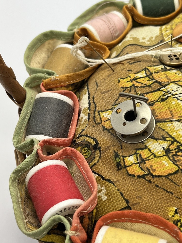 Vtg Sewing Small Basket With Handle Pin Cushion , thread, needles