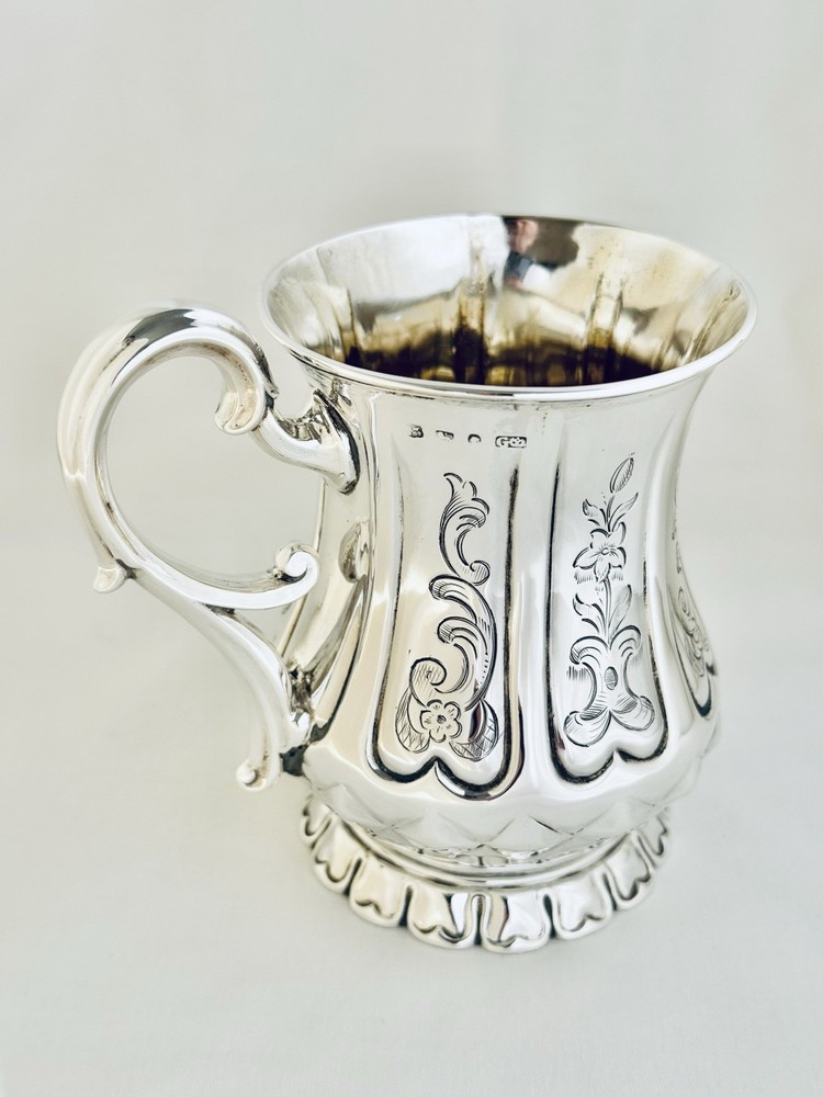 Antique Victorian Solid Sterling Silver Mug Scroll Handle Sheffield 1850