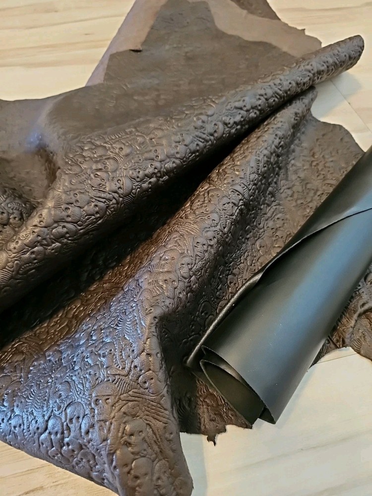 VEGETABLE TAN SKULL & BONES EMBOSSED BROWN LEATHER HIDE SOFT SHEET,PANEL,CUT