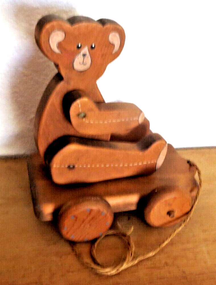 Vintage Jointed Wooden Bear Pull Toy ~ Wheels turn & pull string ~ Base Swivels