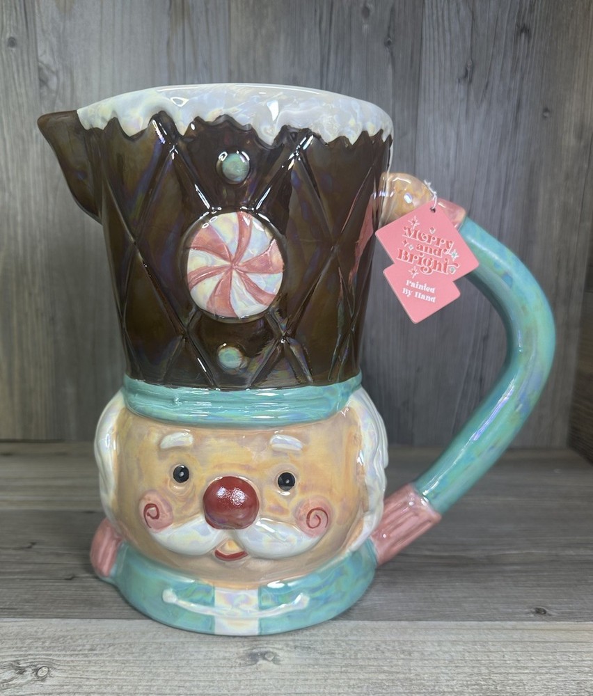 NEW Merry & Bright NUTCRACKER PITCHER Iridescent Pastel Mint Candy Luster Blue