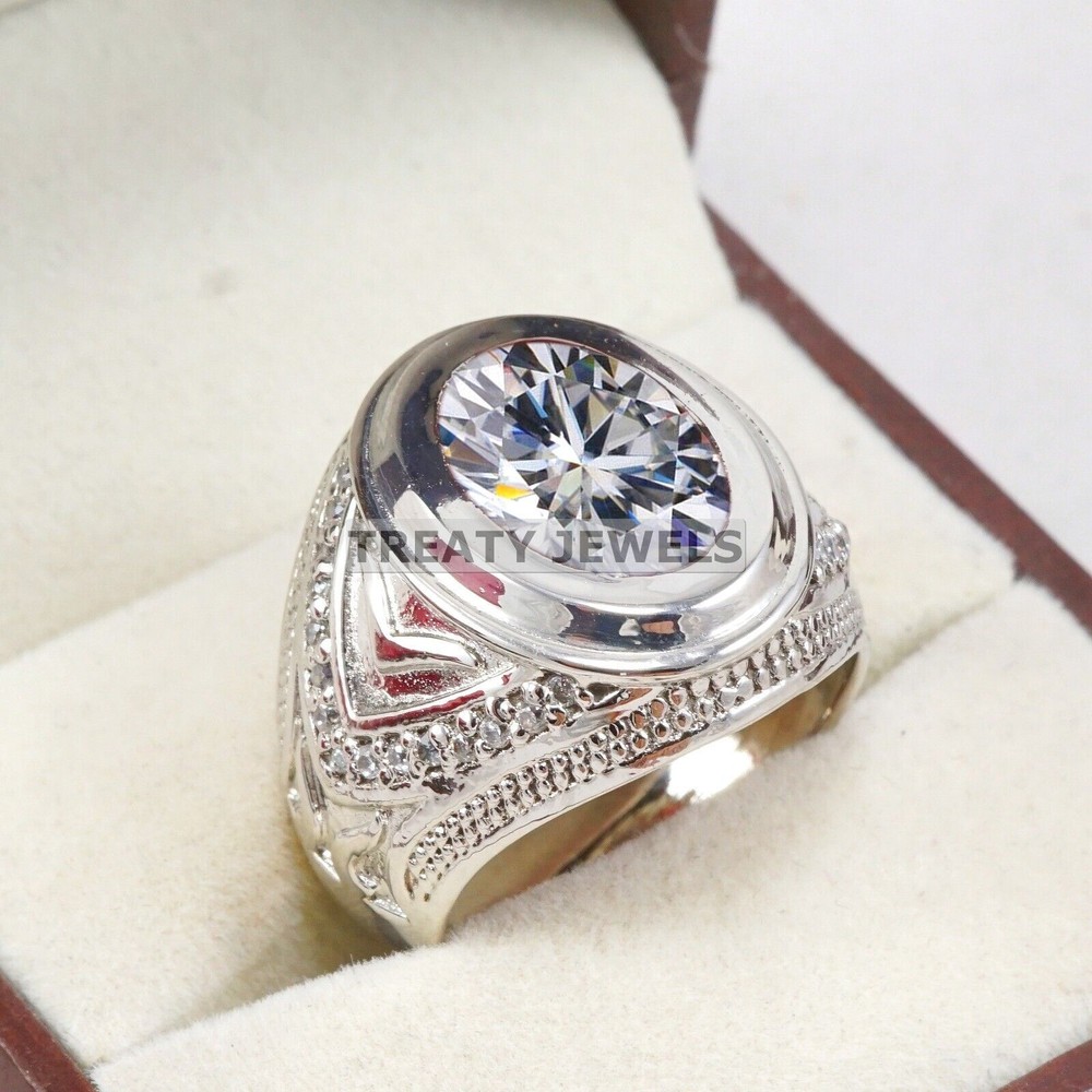 Moissanite Oval Cut Gemstone With 14K Solid White Gold Ring For Men's #B311