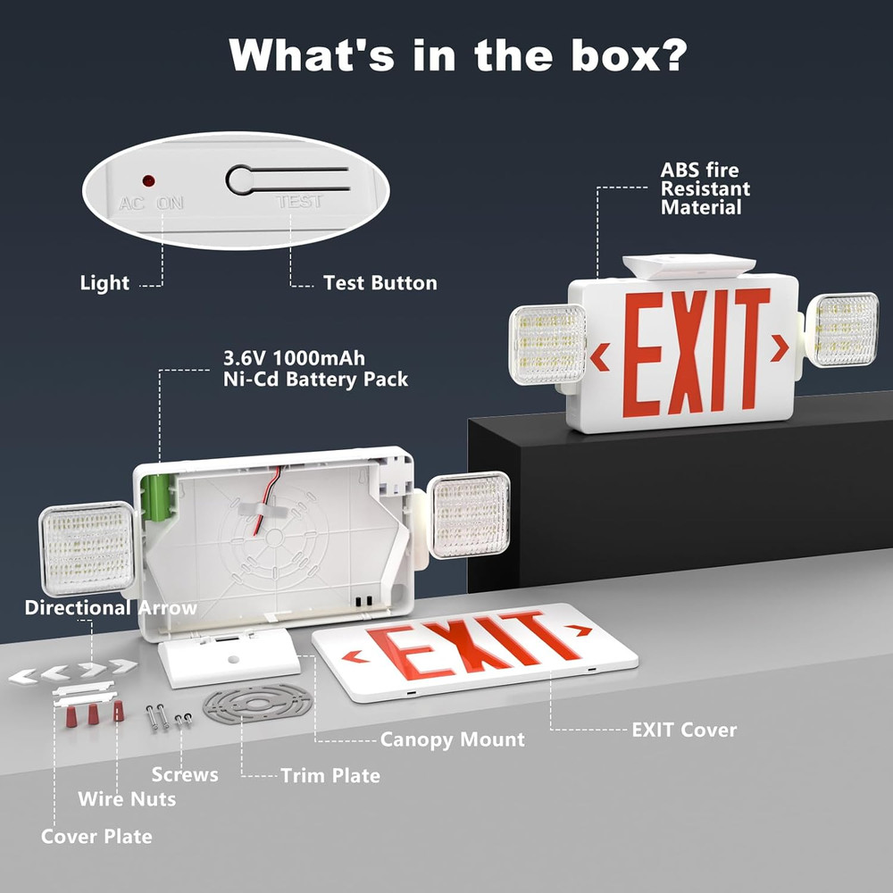 Exit Signs with Emergency Lights, Adjustable Double Head - Hardwired with Batter