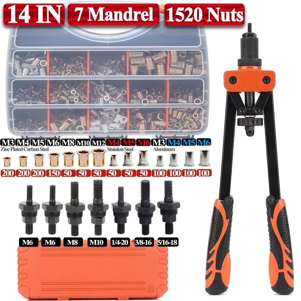 14" Rivet Nut Gun Kit Rivnut Setting Tools Nut Setter Tool Hand Blind Riveter