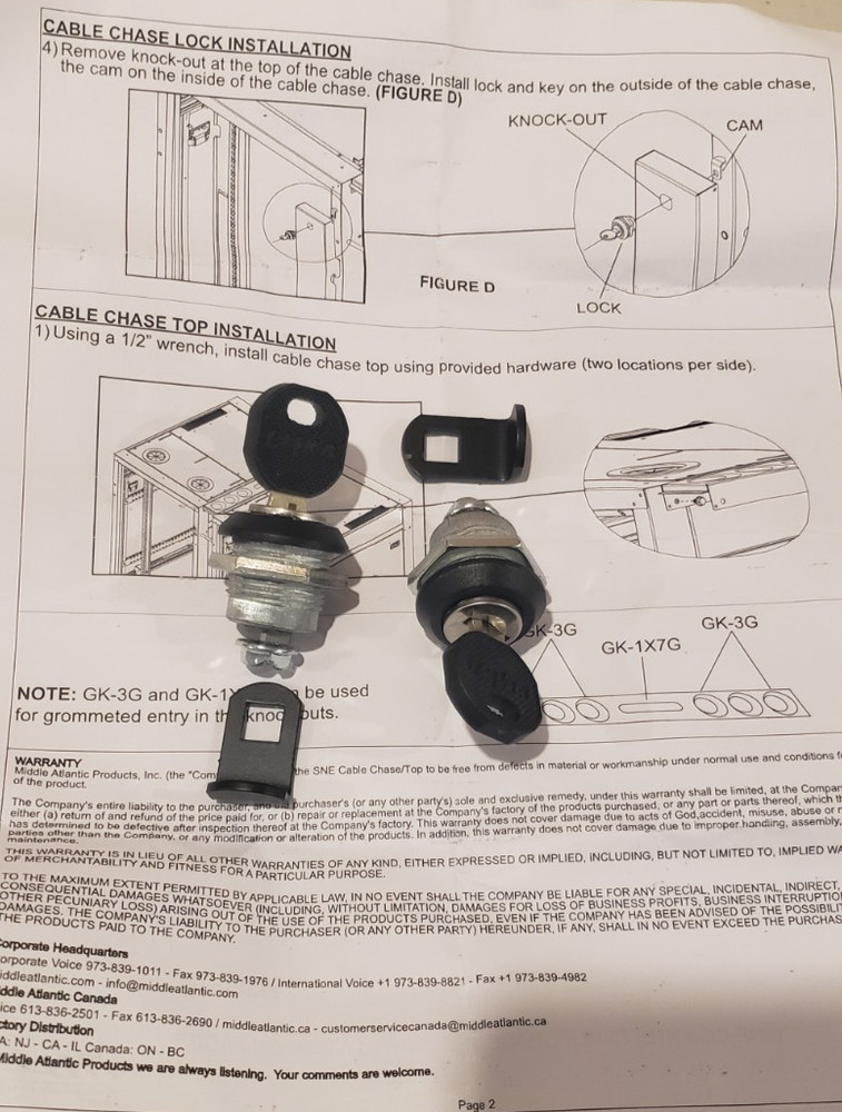Middle Atlantic Cable Chase Lock & Key (Pair) (42Sp/45SP Sizes)