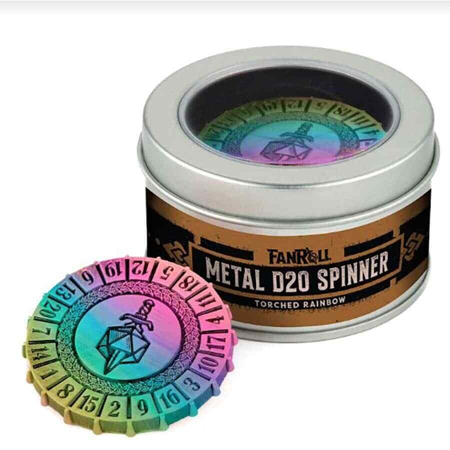 Fanroll Metal D20 Spinner Torched Rainbow with tin D&D RPG