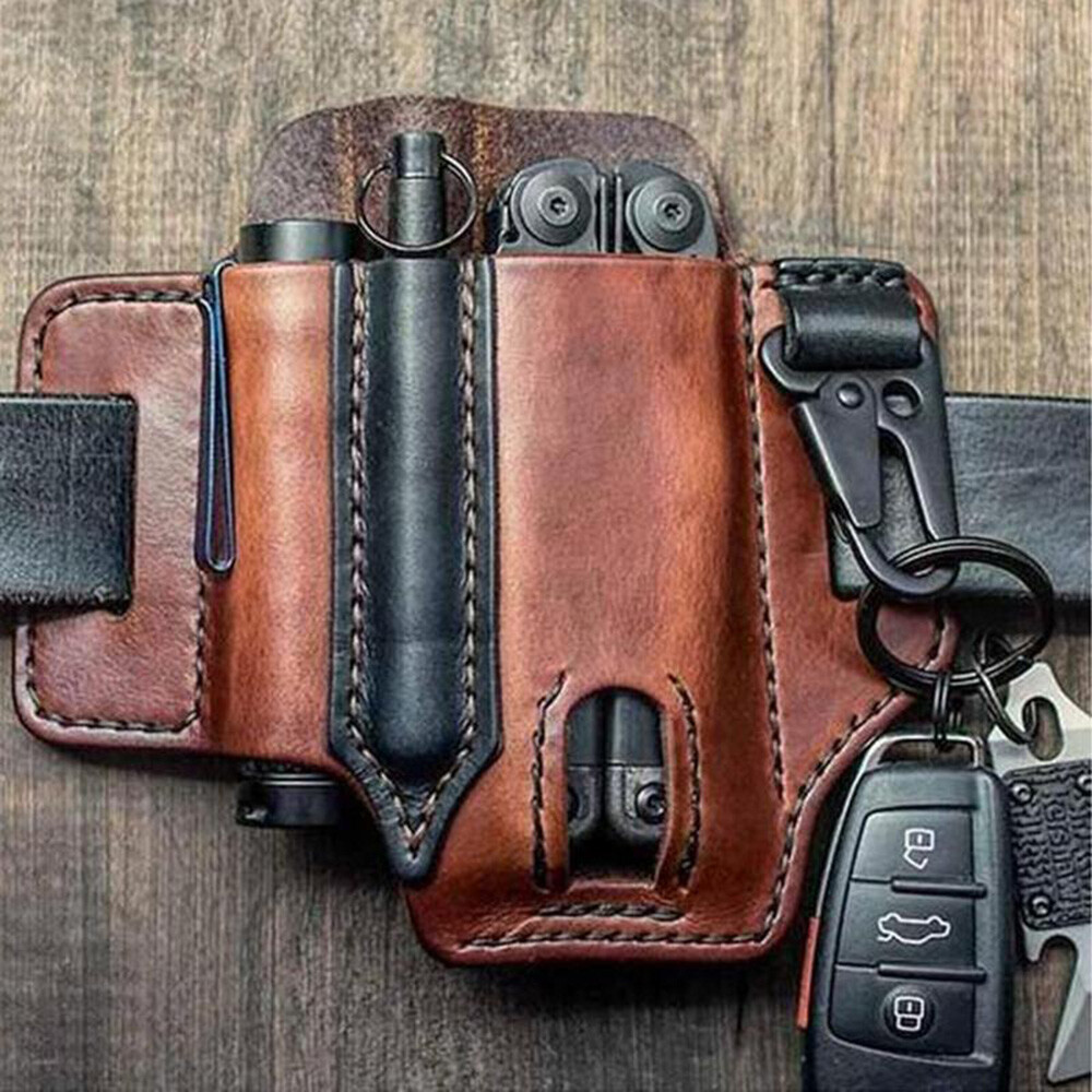 EDC Leather Sheath For Knife Belt Flashlight Holster Multitools Organizer US TS