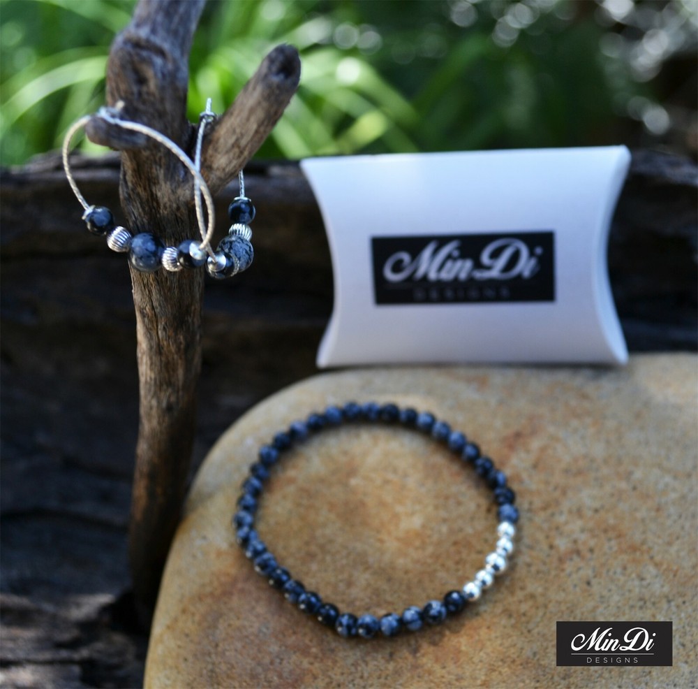 Stretch Bracelet with Sterling Silver, Obsidian Snowflake.