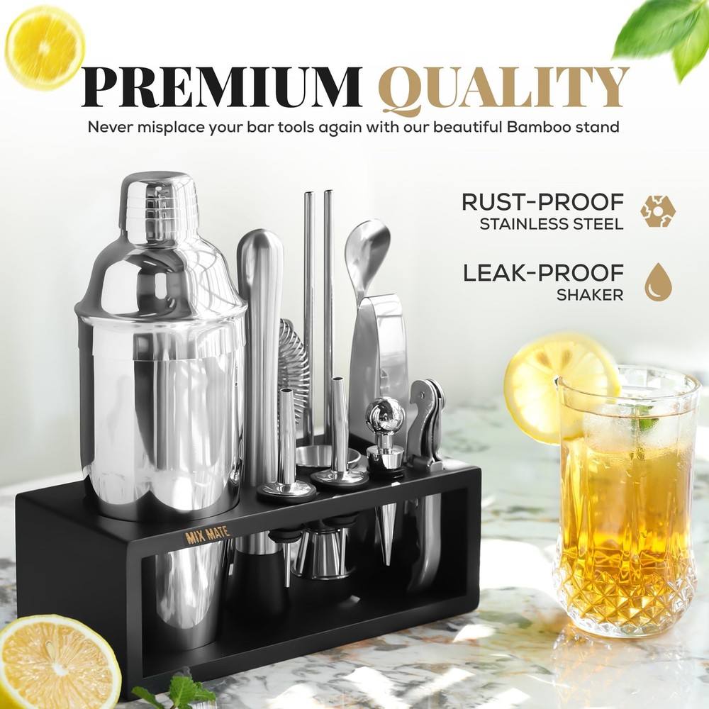 Mixology Bartender Kit with Stand - 15 Piece Bar Tool Set, Silver Bar Set Coc...