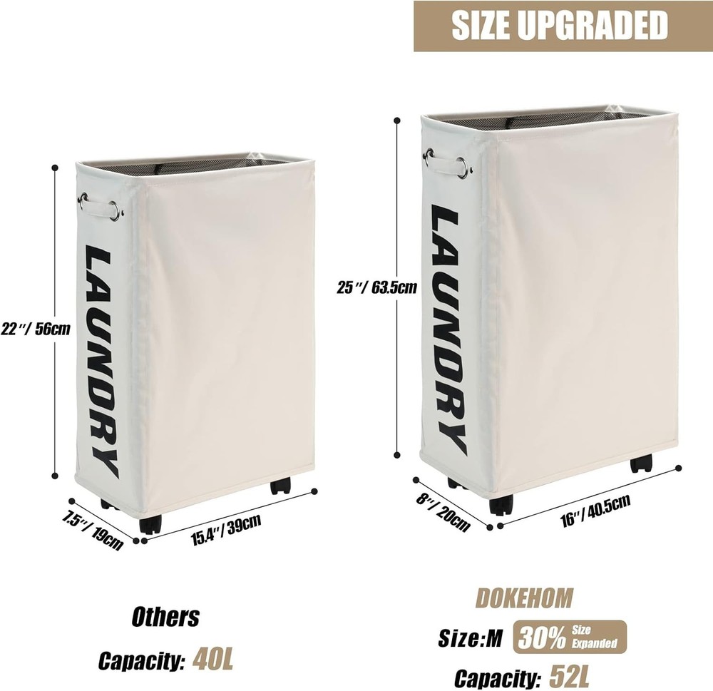 Foldable Narrow Laundry Hamper on Wheels 25" Collapsible Beige Storage