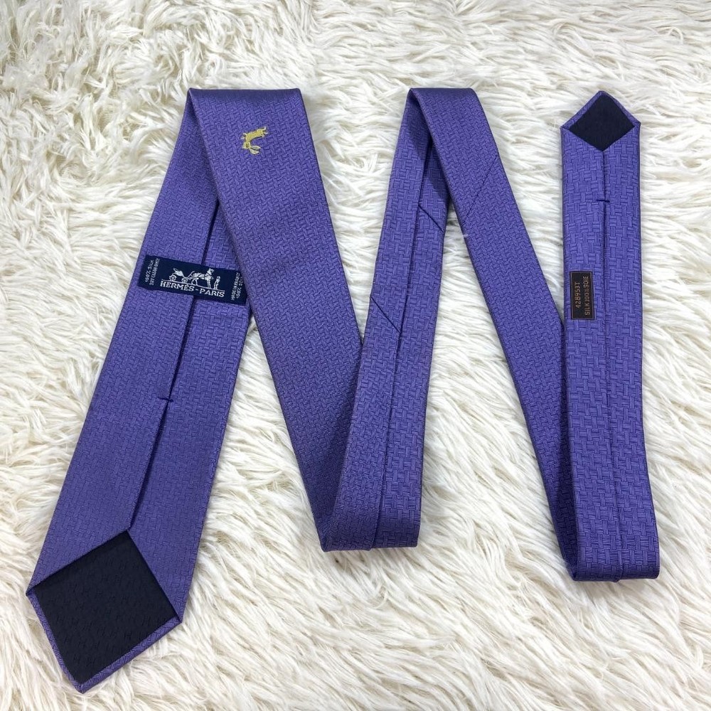 Hermes Purple Silk Tie H Pattern Rabbit Rare Near