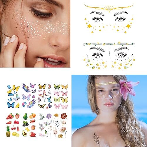 JEEFONNA 60 Sheets Face Temporary Tattoos, Metallic 60 Sheets Temporary Tattoos