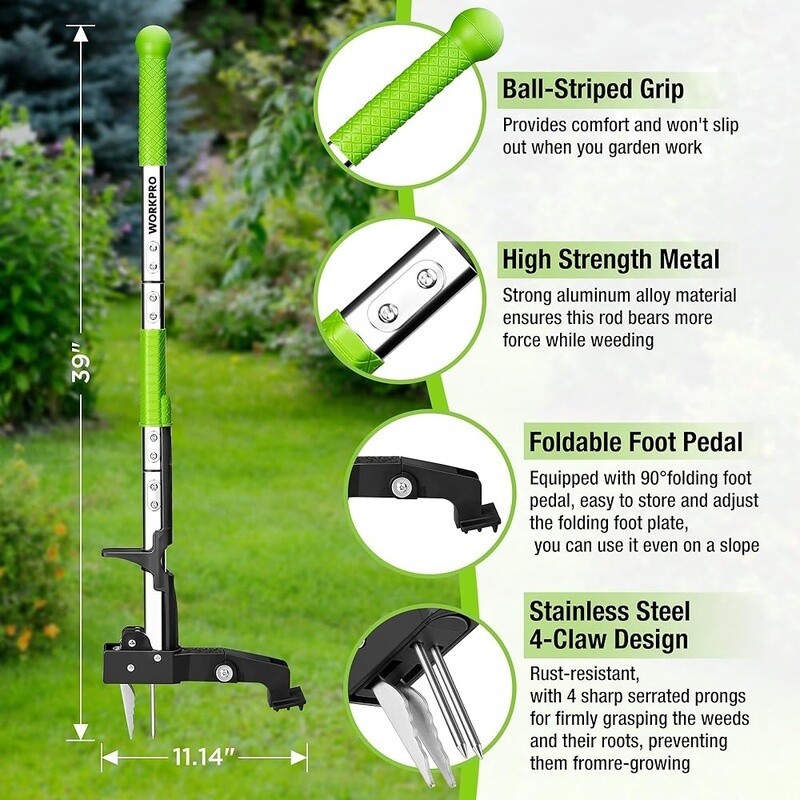 Weed Puller Tool Stand Up Dandelion Weeder Long Handle 4 Claws Root Remover New
