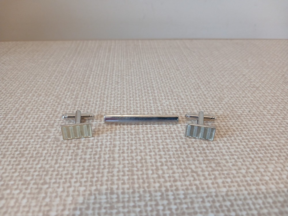 Silver coloured Cuff Links and Tie Pin