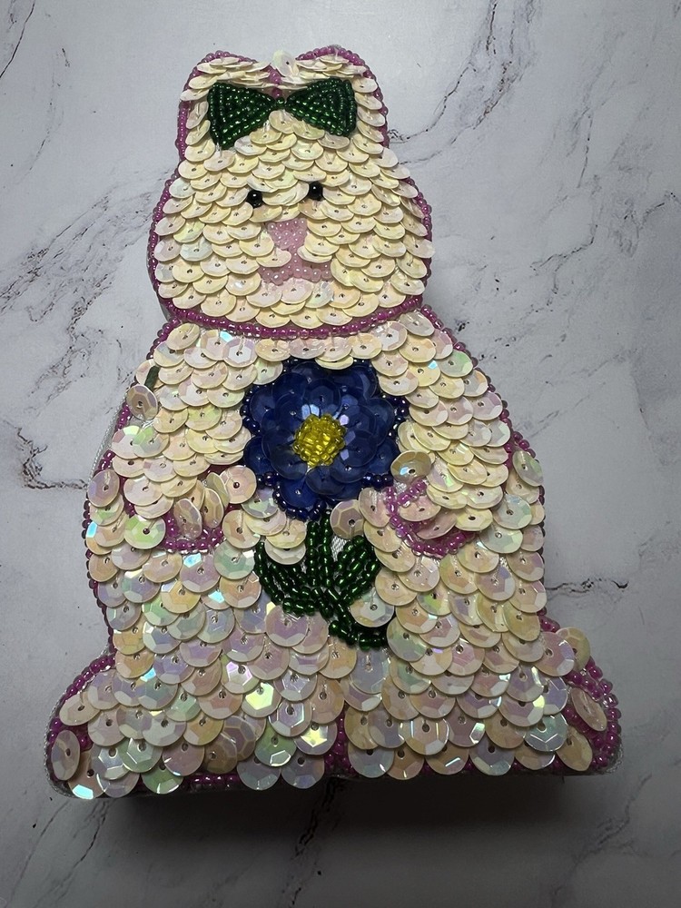 Vintage Easter Bunny Beaded Sequined Trinket Box Gift Holder Spring Decoration