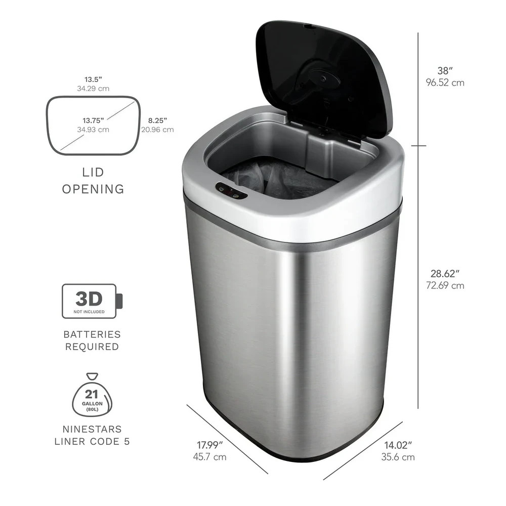 Nine Stars Automatic Trash Can, 21 Gallon Stainless Steel, Motion Sensor, Silver