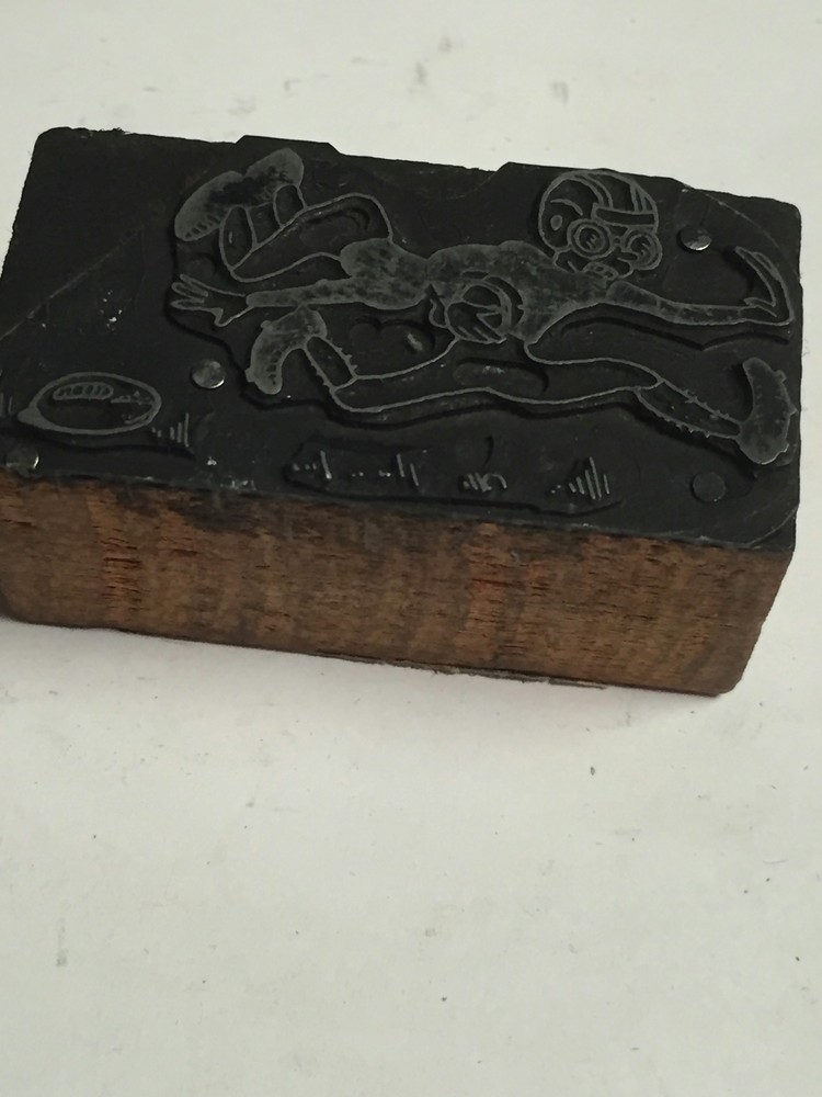 Comic Football Player Printer's Letterpress Type Block