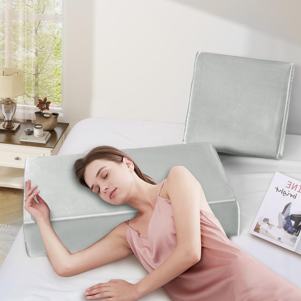 Satin Cube Pillow Case for Side Sleepers, Silver Grey Satin Pillowcase Cube P...