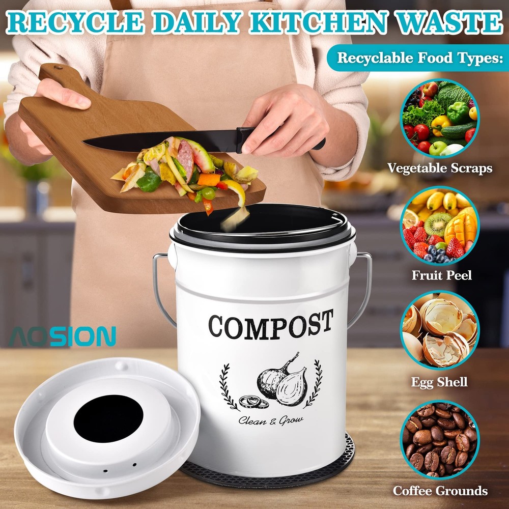 Countertop Compost Bin Kitchen,Odorless Indoor Compost Bin with Lid and Compo...