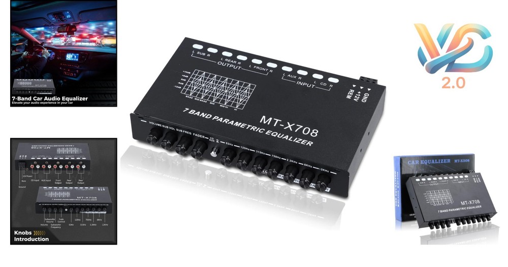 7-Band Car Audio Equalizer with Subwoofer Outputs, Adjustable Dials, Compact ...