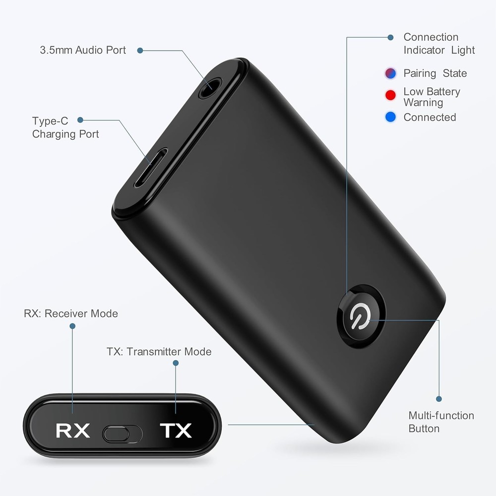 Aux Bluetooth Adapter for Car, Upgraded 5.3 Transmitter Black