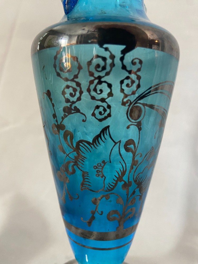 Vintage Blue Glass Vase with Applied Silver