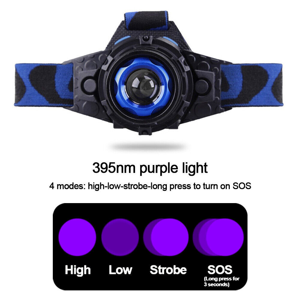 Blacklight UV LED Headlamp Flashlight Head Light+Build-in Rechargeable Battery