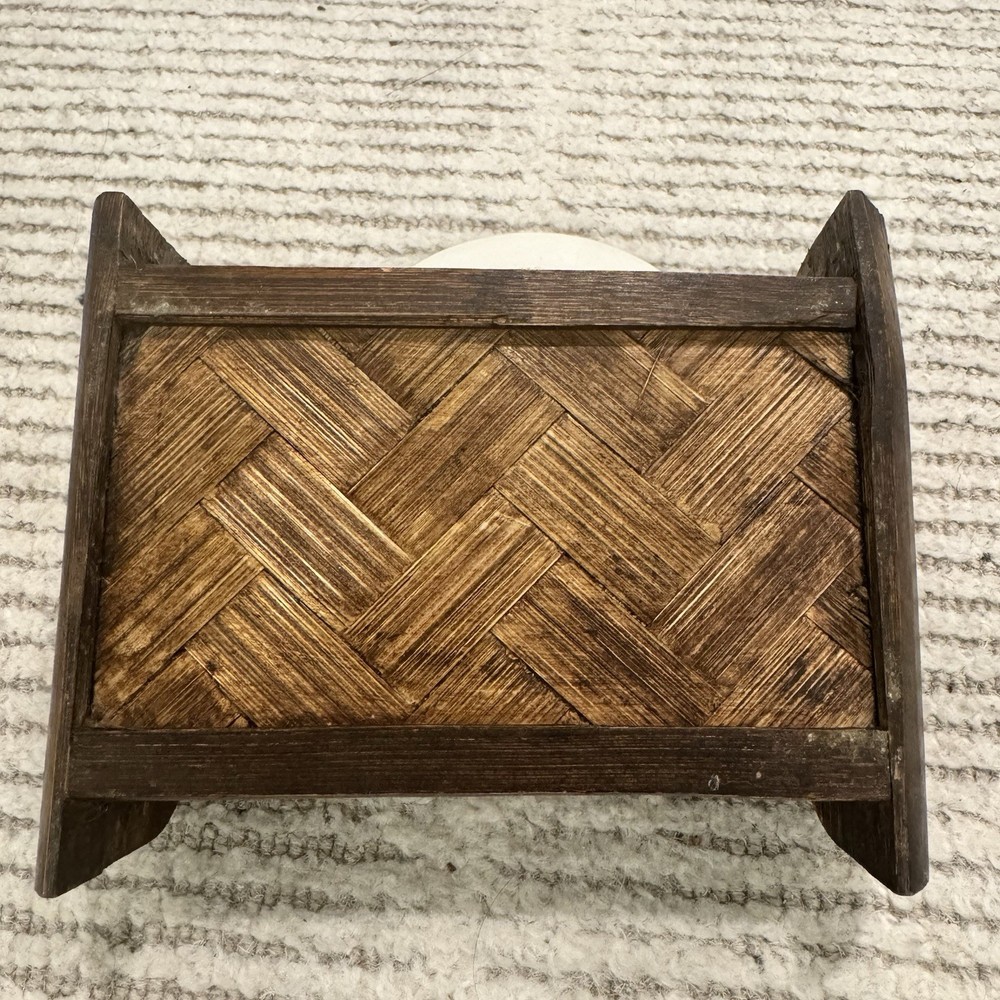 Small Vintage Brown Wooden Decorative Box with Woven Lid, Rectangular