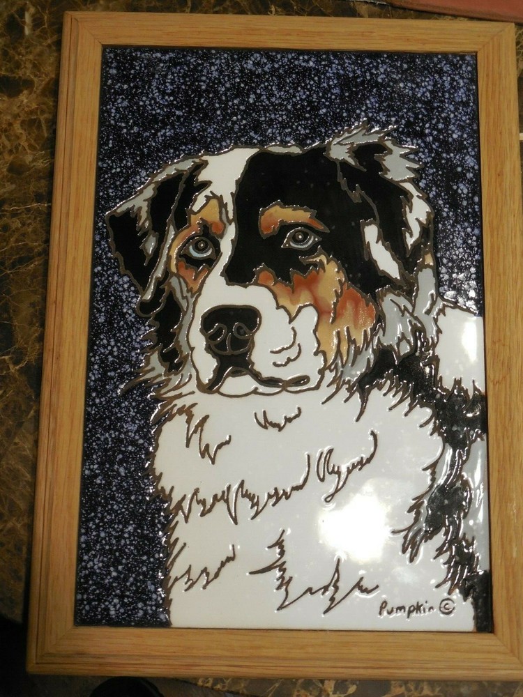 Australian Shepherd - Hand Painted Glazed Tile from Pumpkin Tile In Custom Frame