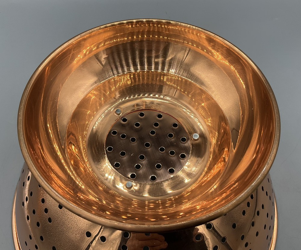 Vintage Solid Copper Colander Tin? Lined Strainer w/Brass Handles Korea