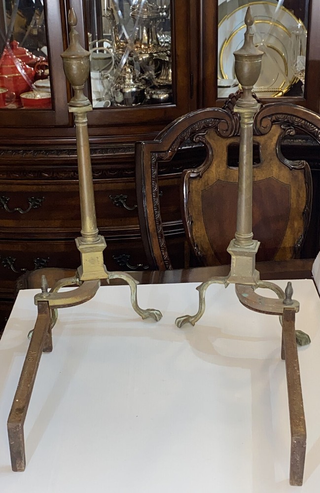 Federal Style Andirons For Fireplace Solid Brass & Cast Iron 25” H