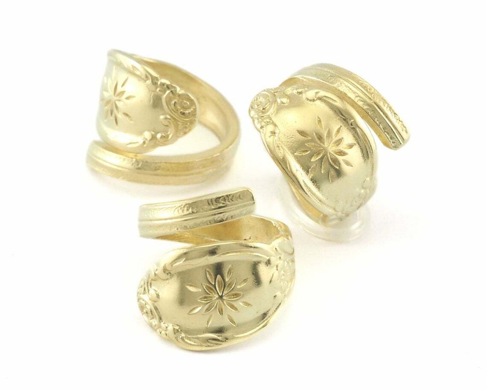 Spoon Wrap Ring Flower Patterned Raw Brass 7US Adjustable 4064