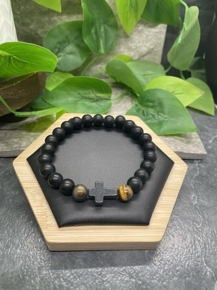 Handmade Stone Bead Stackable 7” Plus Stretch Bracelet Cross New Free Ship B8333